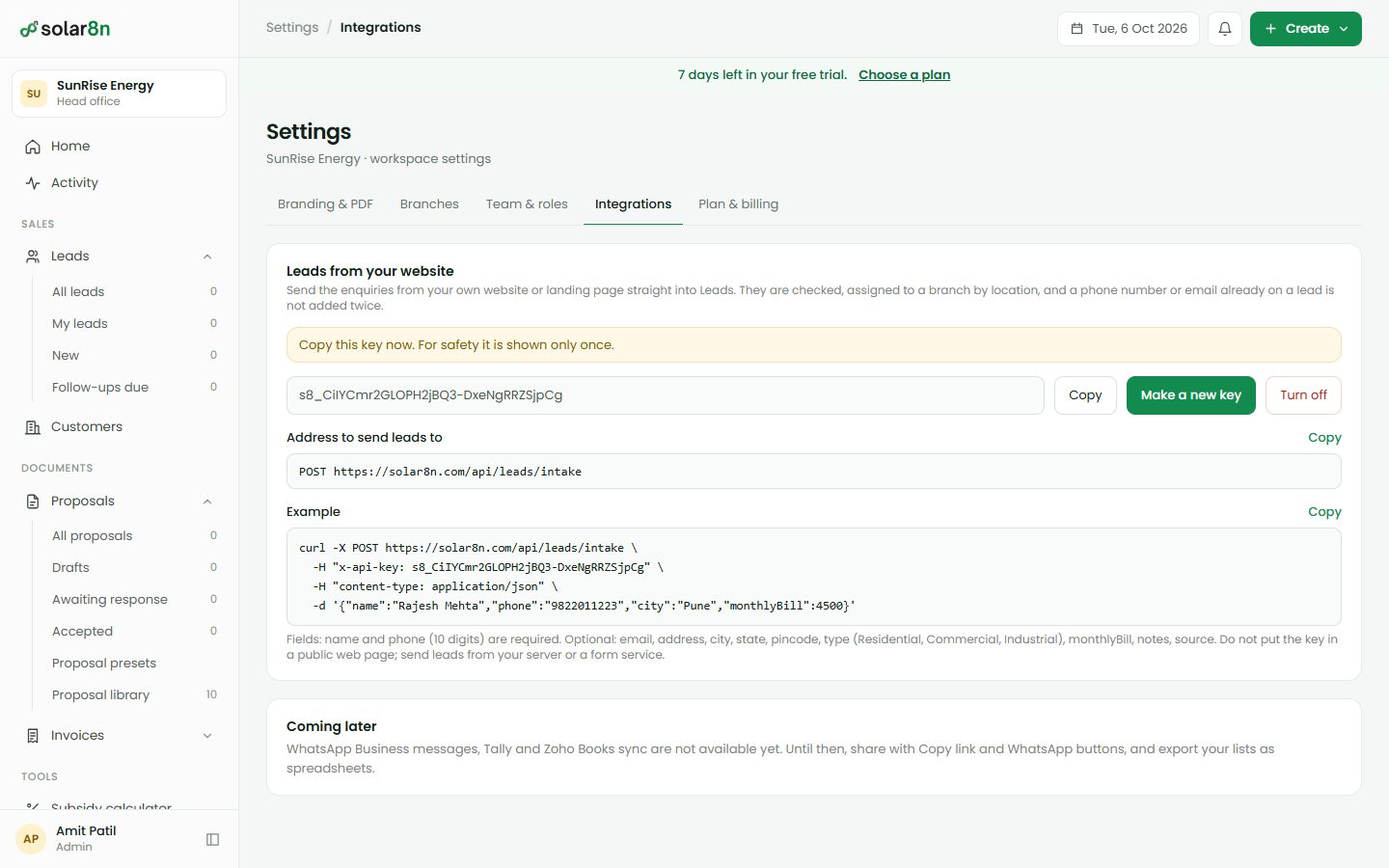 The private key for sending leads from a website